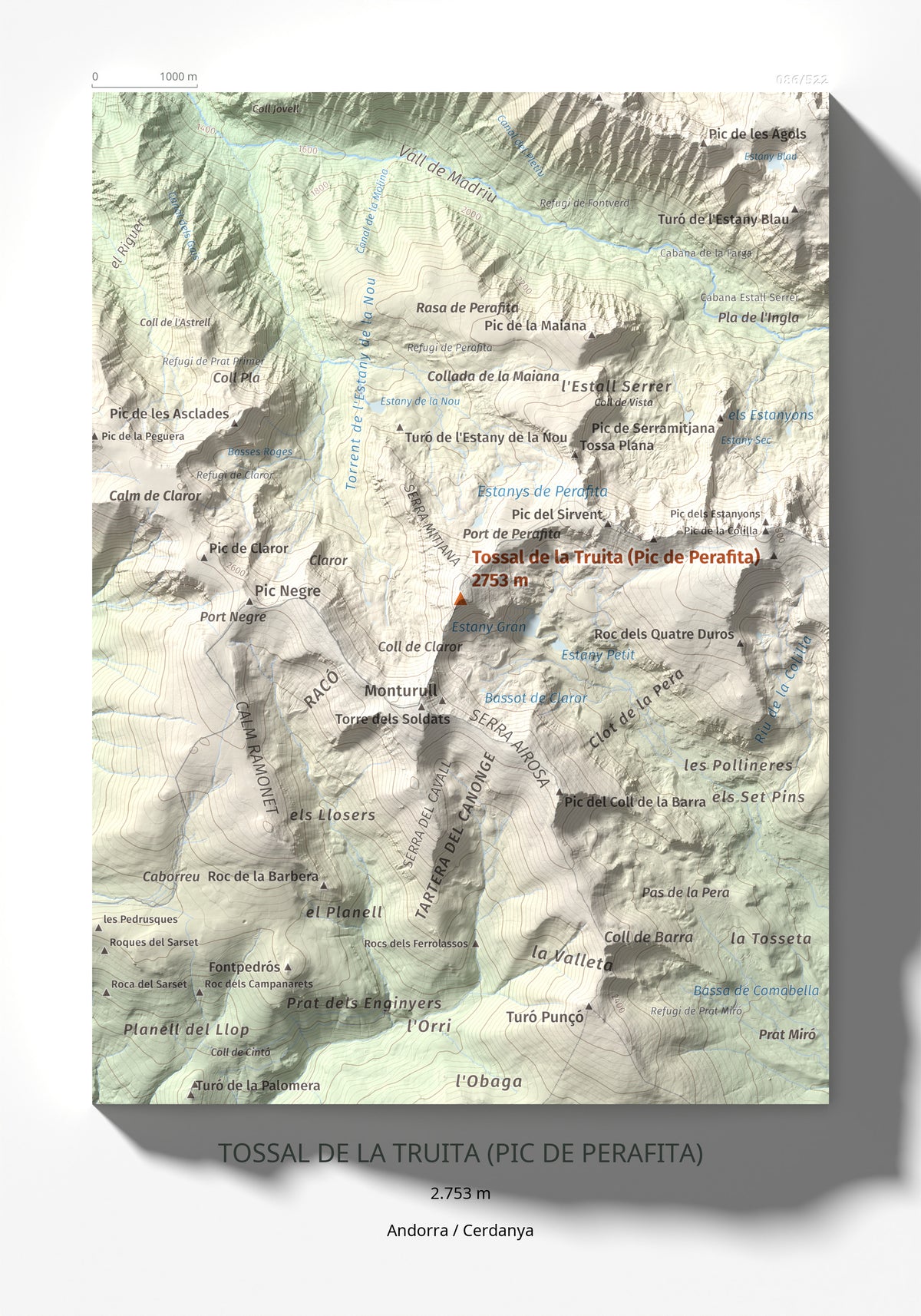 Mapa de relieve de Tossal de la Truita (Pic de Perafita), 2753 m, Andorra · Cerdanya, lámina 100 Cims de Trobart 21 × 30 cm.
