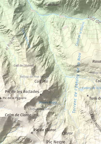 Mapa de relieve de Tossal de la Truita (Pic de Perafita), 2753 m, Andorra · Cerdanya, lámina 100 Cims de Trobart. Detalle de la zona superior izquierda. 21 × 30 cm.