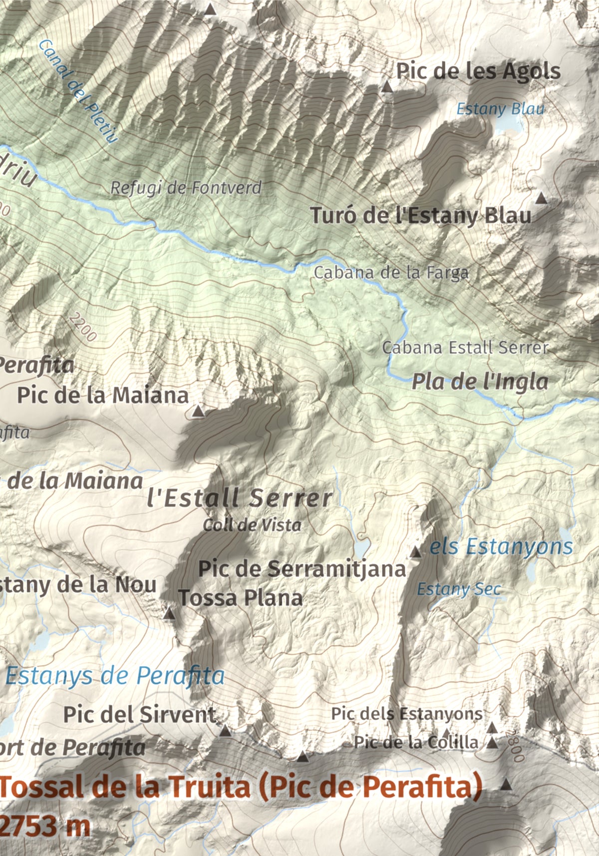 Mapa de relieve de Tossal de la Truita (Pic de Perafita), 2753 m, Andorra · Cerdanya, lámina 100 Cims de Trobart. Detalle de la zona superior derecha. 21 × 30 cm.