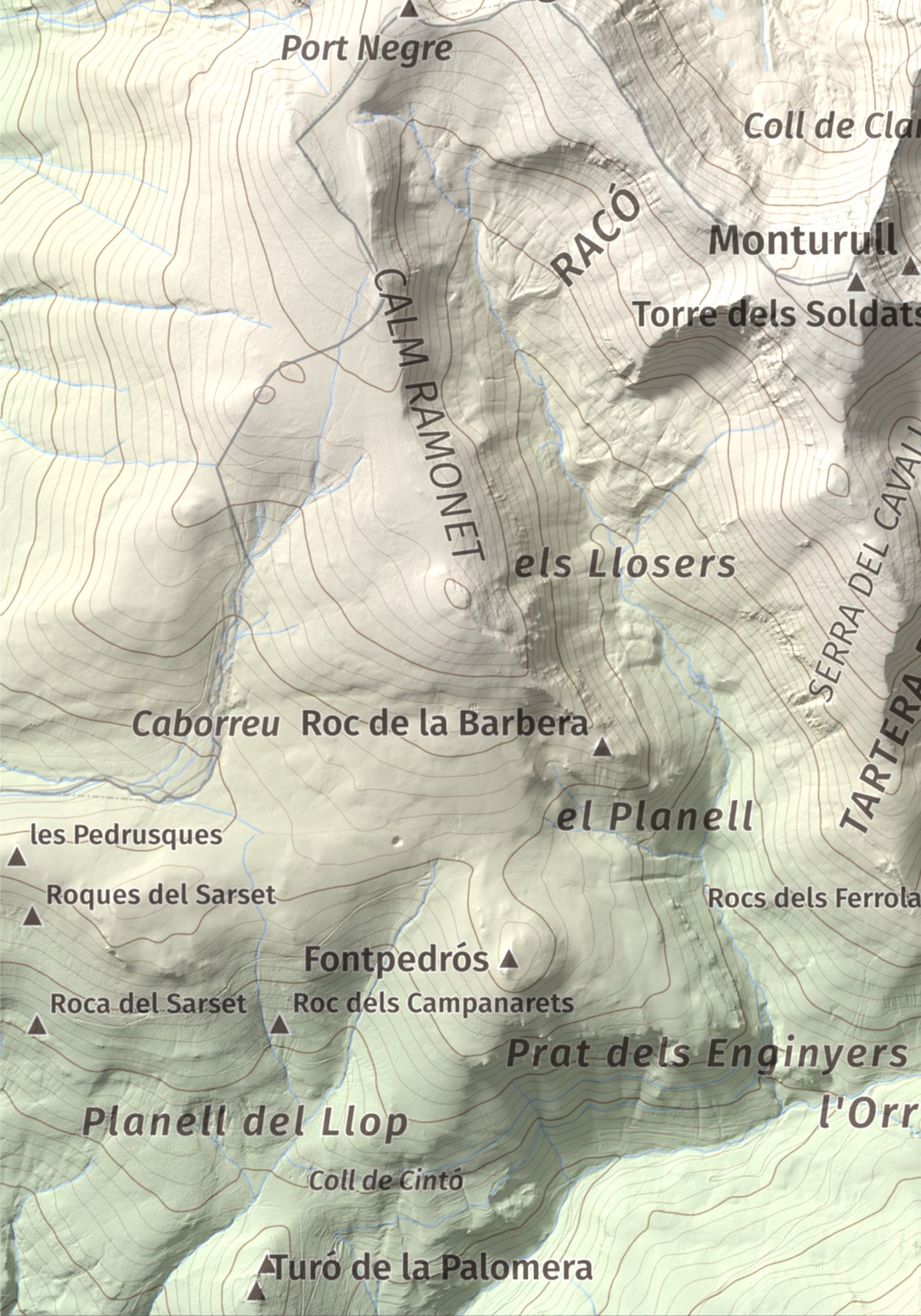 Mapa de relieve de Tossal de la Truita (Pic de Perafita), 2753 m, Andorra · Cerdanya, lámina 100 Cims de Trobart. Detalle de la zona inferior izquierda. 21 × 30 cm.