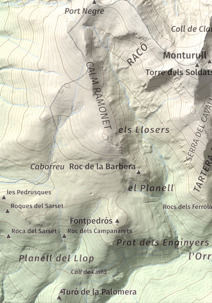 Mapa de relieve de Tossal de la Truita (Pic de Perafita), 2753 m, Andorra · Cerdanya, lámina 100 Cims de Trobart. Detalle de la zona inferior izquierda. 21 × 30 cm.