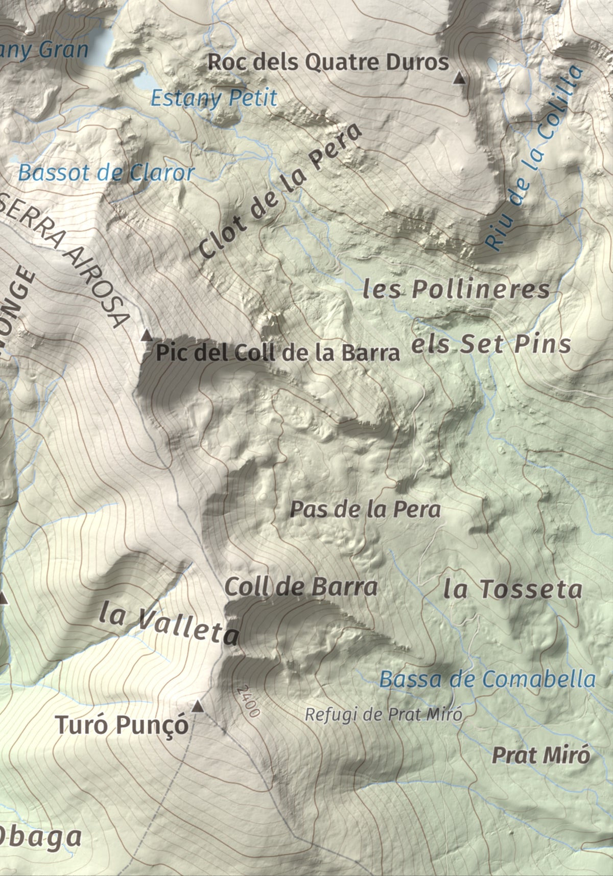 Mapa de relieve de Tossal de la Truita (Pic de Perafita), 2753 m, Andorra · Cerdanya, lámina 100 Cims de Trobart. Detalle de la zona inferior derecha. 21 × 30 cm.