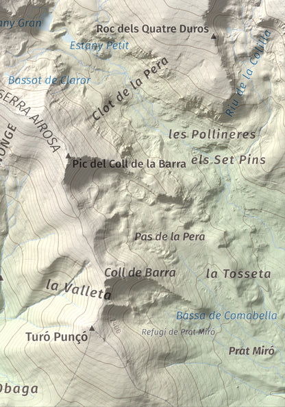 Mapa de relieve de Tossal de la Truita (Pic de Perafita), 2753 m, Andorra · Cerdanya, lámina 100 Cims de Trobart. Detalle de la zona inferior derecha. 21 × 30 cm.
