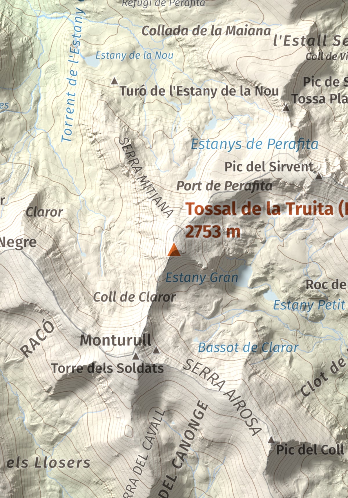 Mapa de relieve de Tossal de la Truita (Pic de Perafita), 2753 m, Andorra · Cerdanya, lámina 100 Cims de Trobart. Detalle de la zona central. 21 × 30 cm.