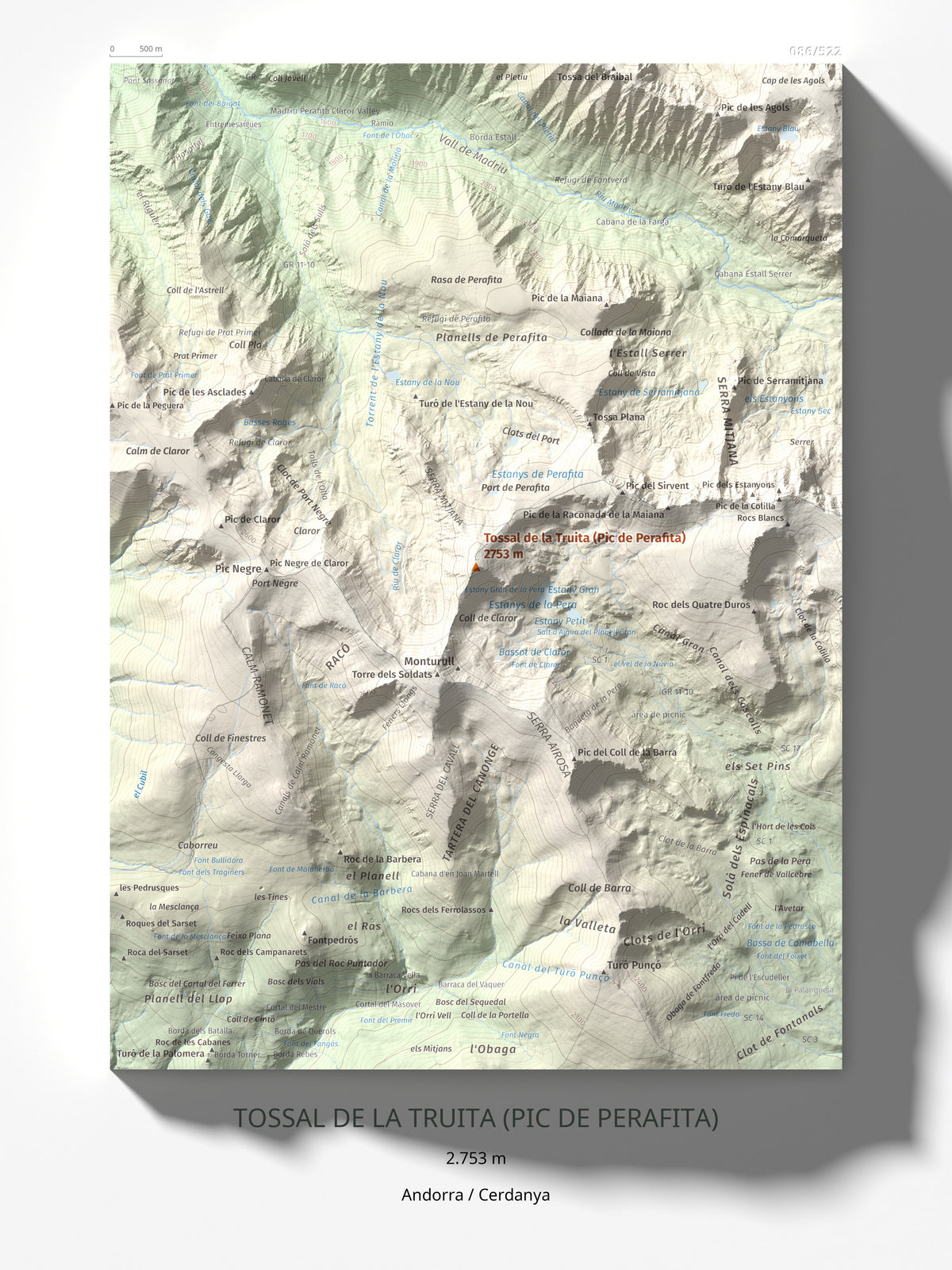 Mapa de relieve de Tossal de la Truita (Pic de Perafita), 2753 m, Andorra · Cerdanya, lámina 100 Cims de Trobart 30 × 40 cm.