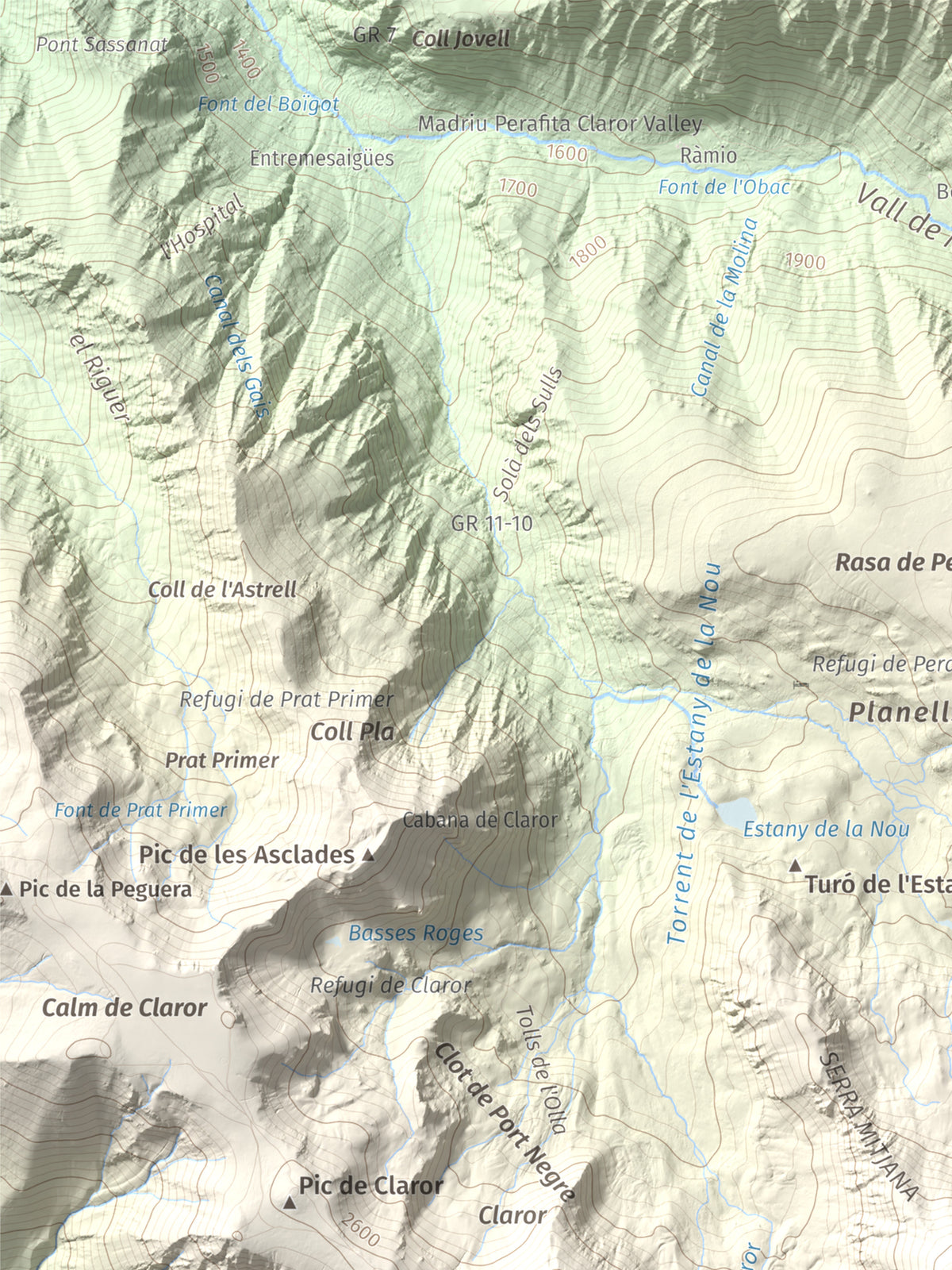 Mapa de relieve de Tossal de la Truita (Pic de Perafita), 2753 m, Andorra · Cerdanya, lámina 100 Cims de Trobart. Detalle de la zona superior izquierda. 30 × 40 cm.