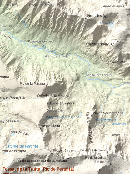 Mapa de relieve de Tossal de la Truita (Pic de Perafita), 2753 m, Andorra · Cerdanya, lámina 100 Cims de Trobart. Detalle de la zona superior derecha. 30 × 40 cm.