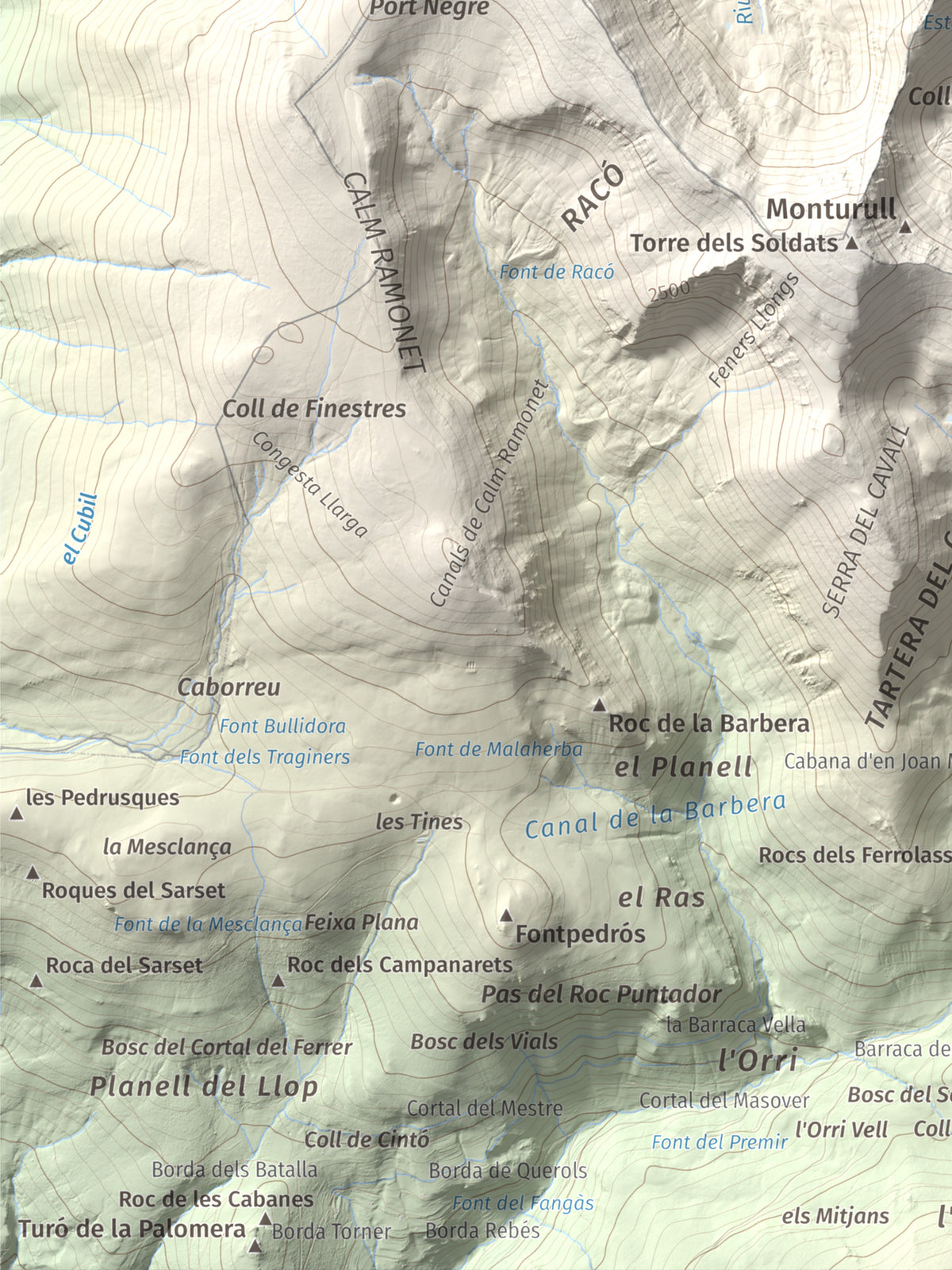 Mapa de relieve de Tossal de la Truita (Pic de Perafita), 2753 m, Andorra · Cerdanya, lámina 100 Cims de Trobart. Detalle de la zona inferior izquierda. 30 × 40 cm.