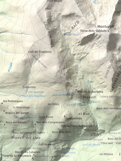 Mapa de relieve de Tossal de la Truita (Pic de Perafita), 2753 m, Andorra · Cerdanya, lámina 100 Cims de Trobart. Detalle de la zona inferior izquierda. 30 × 40 cm.