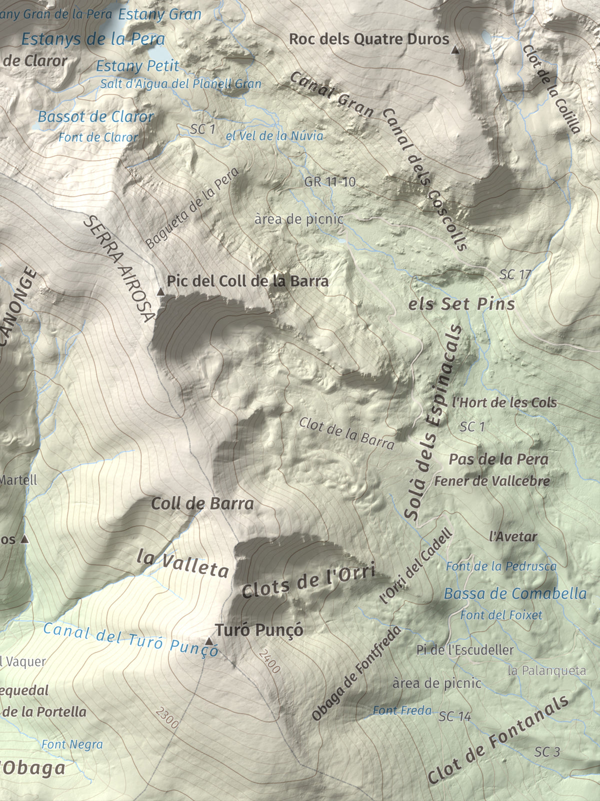 Mapa de relieve de Tossal de la Truita (Pic de Perafita), 2753 m, Andorra · Cerdanya, lámina 100 Cims de Trobart. Detalle de la zona inferior derecha. 30 × 40 cm.