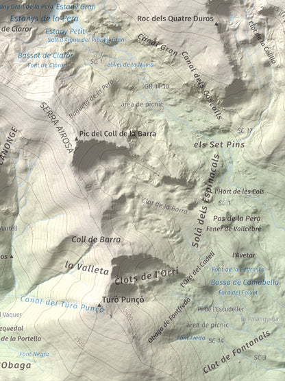 Mapa de relieve de Tossal de la Truita (Pic de Perafita), 2753 m, Andorra · Cerdanya, lámina 100 Cims de Trobart. Detalle de la zona inferior derecha. 30 × 40 cm.