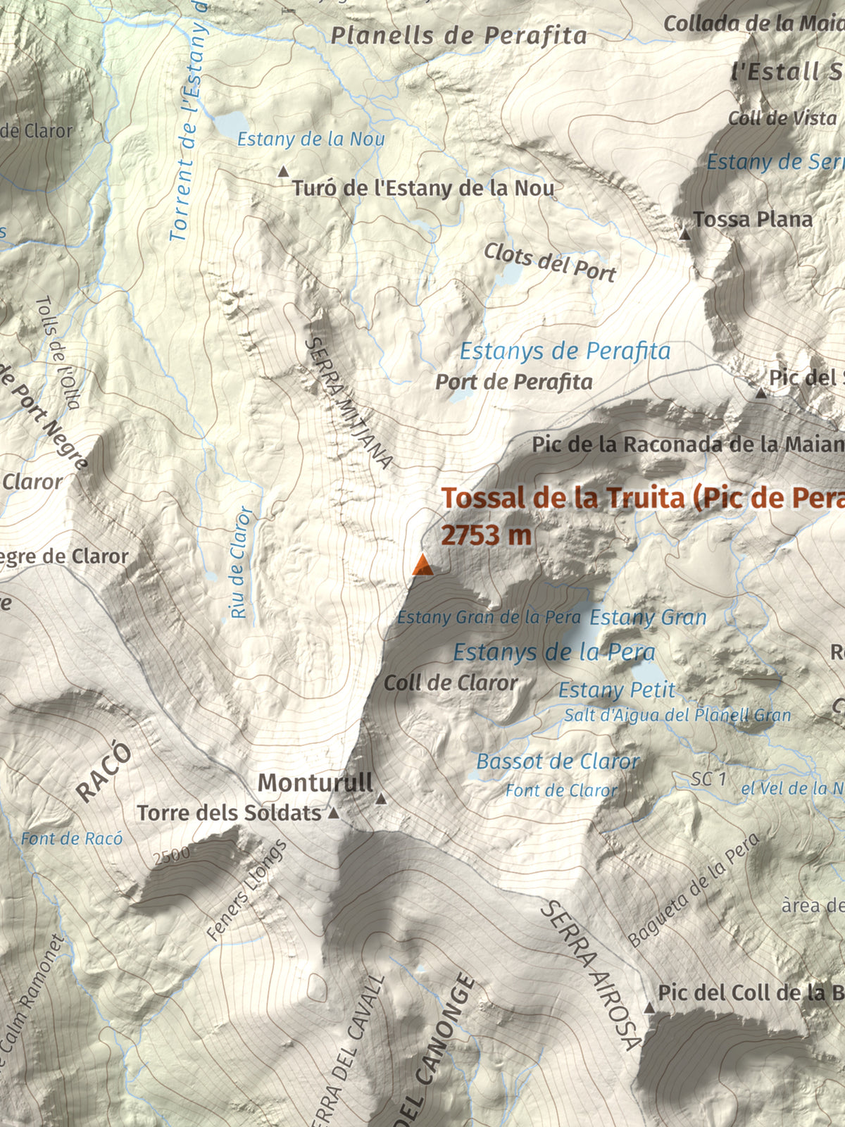 Mapa de relieve de Tossal de la Truita (Pic de Perafita), 2753 m, Andorra · Cerdanya, lámina 100 Cims de Trobart. Detalle de la zona central. 30 × 40 cm.