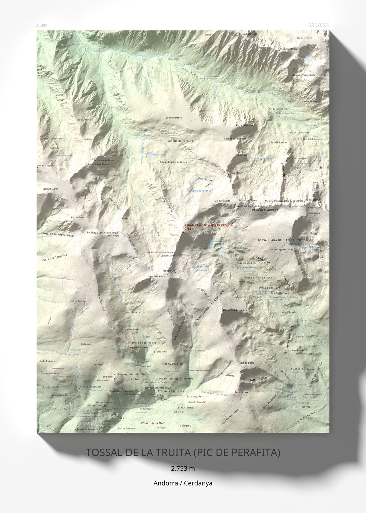 Mapa de relieve de Tossal de la Truita (Pic de Perafita), 2753 m, Andorra · Cerdanya, lámina 100 Cims de Trobart 50 × 70 cm.