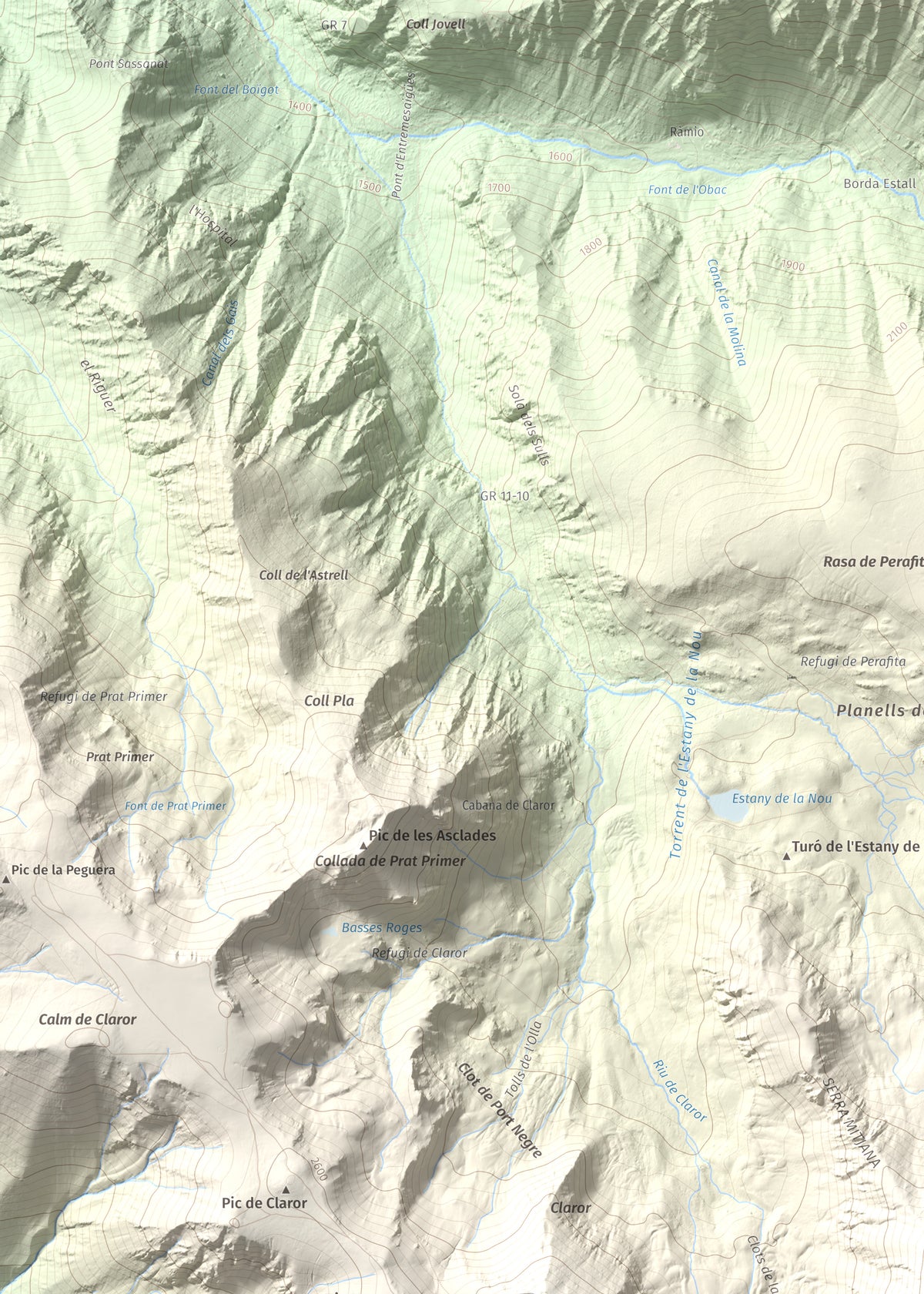Mapa de relieve de Tossal de la Truita (Pic de Perafita), 2753 m, Andorra · Cerdanya, lámina 100 Cims de Trobart. Detalle de la zona superior izquierda. 50 × 70 cm.