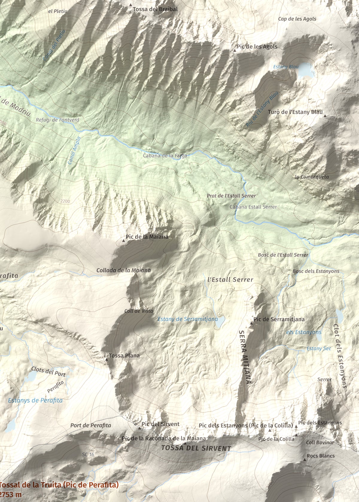 Mapa de relieve de Tossal de la Truita (Pic de Perafita), 2753 m, Andorra · Cerdanya, lámina 100 Cims de Trobart. Detalle de la zona superior derecha. 50 × 70 cm.