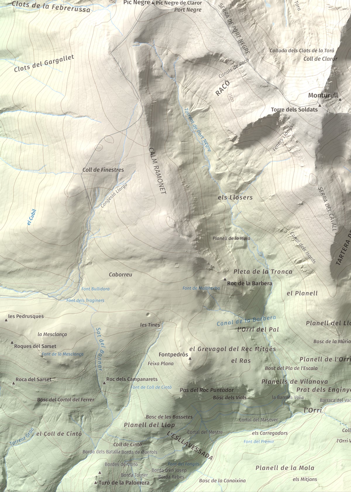 Mapa de relieve de Tossal de la Truita (Pic de Perafita), 2753 m, Andorra · Cerdanya, lámina 100 Cims de Trobart. Detalle de la zona inferior izquierda. 50 × 70 cm.