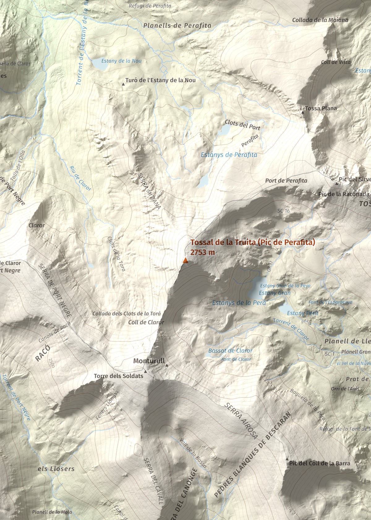 Mapa de relieve de Tossal de la Truita (Pic de Perafita), 2753 m, Andorra · Cerdanya, lámina 100 Cims de Trobart. Detalle de la zona central. 50 × 70 cm.