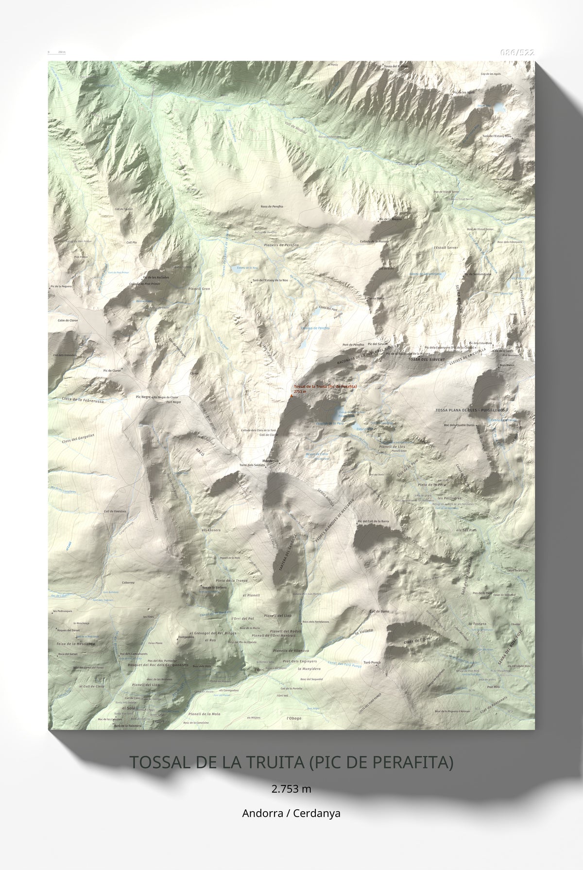 Mapa de relieve de Tossal de la Truita (Pic de Perafita), 2753 m, Andorra · Cerdanya, lámina 100 Cims de Trobart 61 × 91 cm.