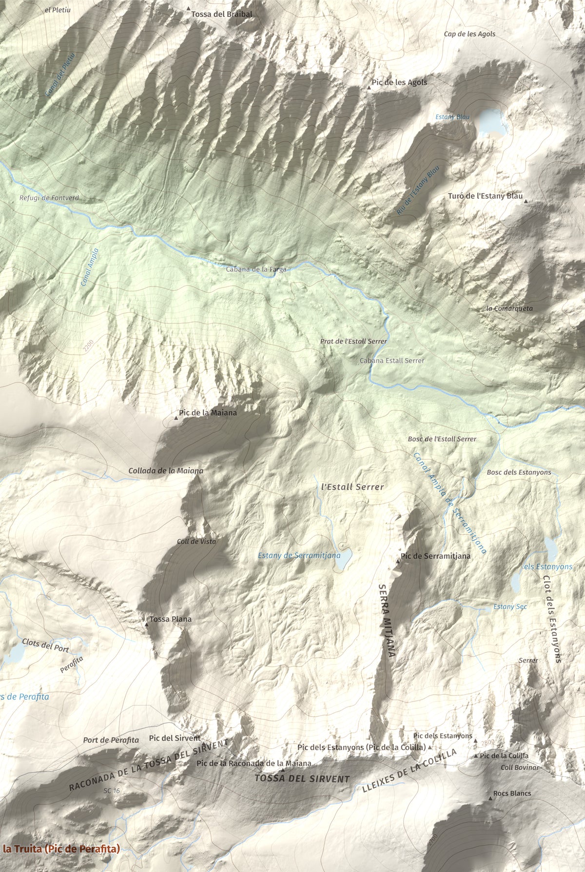 Mapa de relieve de Tossal de la Truita (Pic de Perafita), 2753 m, Andorra · Cerdanya, lámina 100 Cims de Trobart. Detalle de la zona superior derecha. 61 × 91 cm.