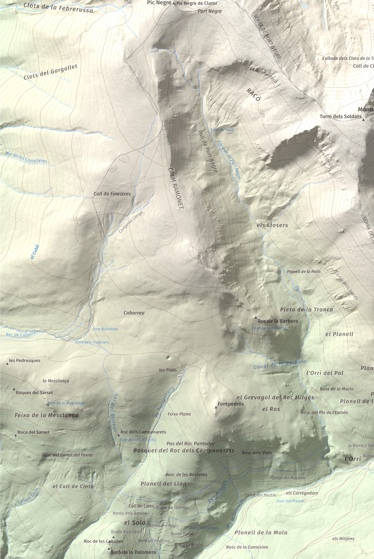 Mapa de relieve de Tossal de la Truita (Pic de Perafita), 2753 m, Andorra · Cerdanya, lámina 100 Cims de Trobart. Detalle de la zona inferior izquierda. 61 × 91 cm.