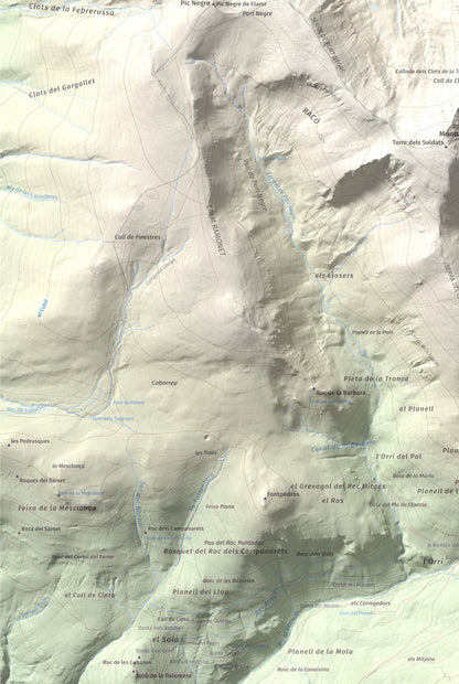 Mapa de relieve de Tossal de la Truita (Pic de Perafita), 2753 m, Andorra · Cerdanya, lámina 100 Cims de Trobart. Detalle de la zona inferior izquierda. 61 × 91 cm.