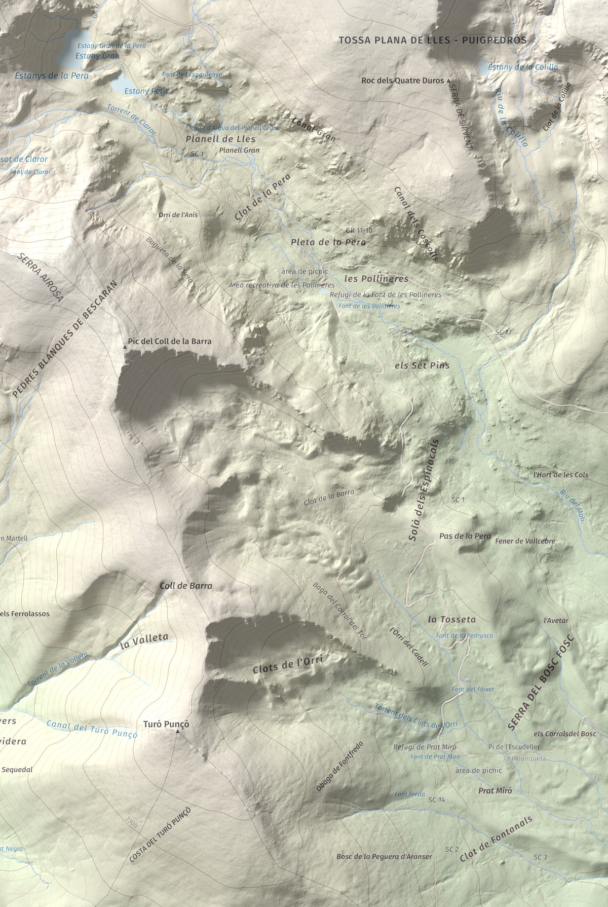 Mapa de relieve de Tossal de la Truita (Pic de Perafita), 2753 m, Andorra · Cerdanya, lámina 100 Cims de Trobart. Detalle de la zona inferior derecha. 61 × 91 cm.