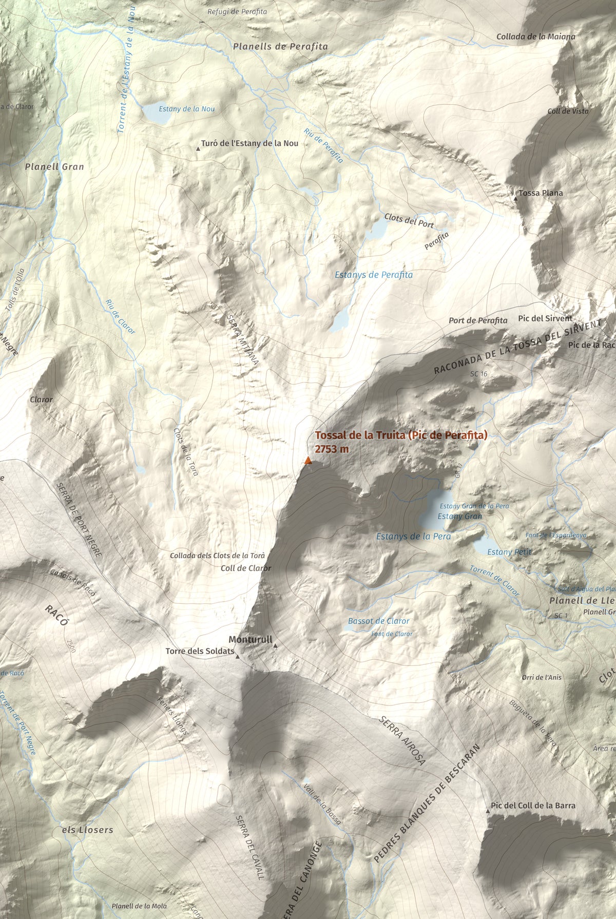 Mapa de relieve de Tossal de la Truita (Pic de Perafita), 2753 m, Andorra · Cerdanya, lámina 100 Cims de Trobart. Detalle de la zona central. 61 × 91 cm.