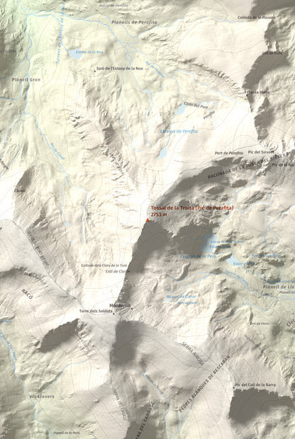 Mapa de relieve de Tossal de la Truita (Pic de Perafita), 2753 m, Andorra · Cerdanya, lámina 100 Cims de Trobart. Detalle de la zona central. 61 × 91 cm.