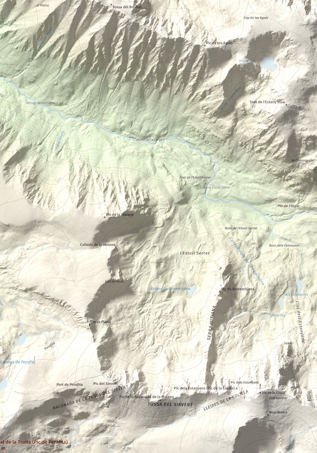 Mapa de relieve de Tossal de la Truita (Pic de Perafita), 2753 m, Andorra · Cerdanya, lámina 100 Cims de Trobart. Detalle de la zona superior derecha. 70 × 100 cm.