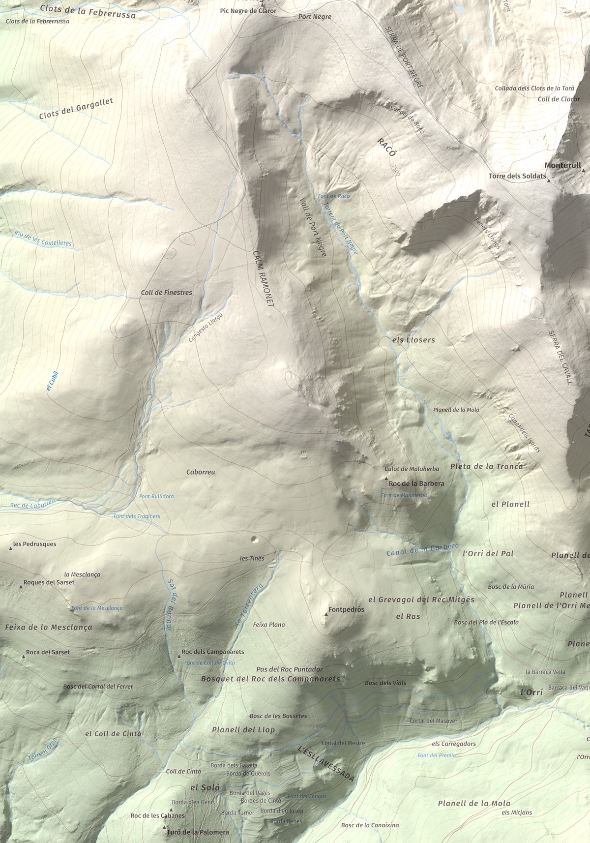 Mapa de relieve de Tossal de la Truita (Pic de Perafita), 2753 m, Andorra · Cerdanya, lámina 100 Cims de Trobart. Detalle de la zona inferior izquierda. 70 × 100 cm.