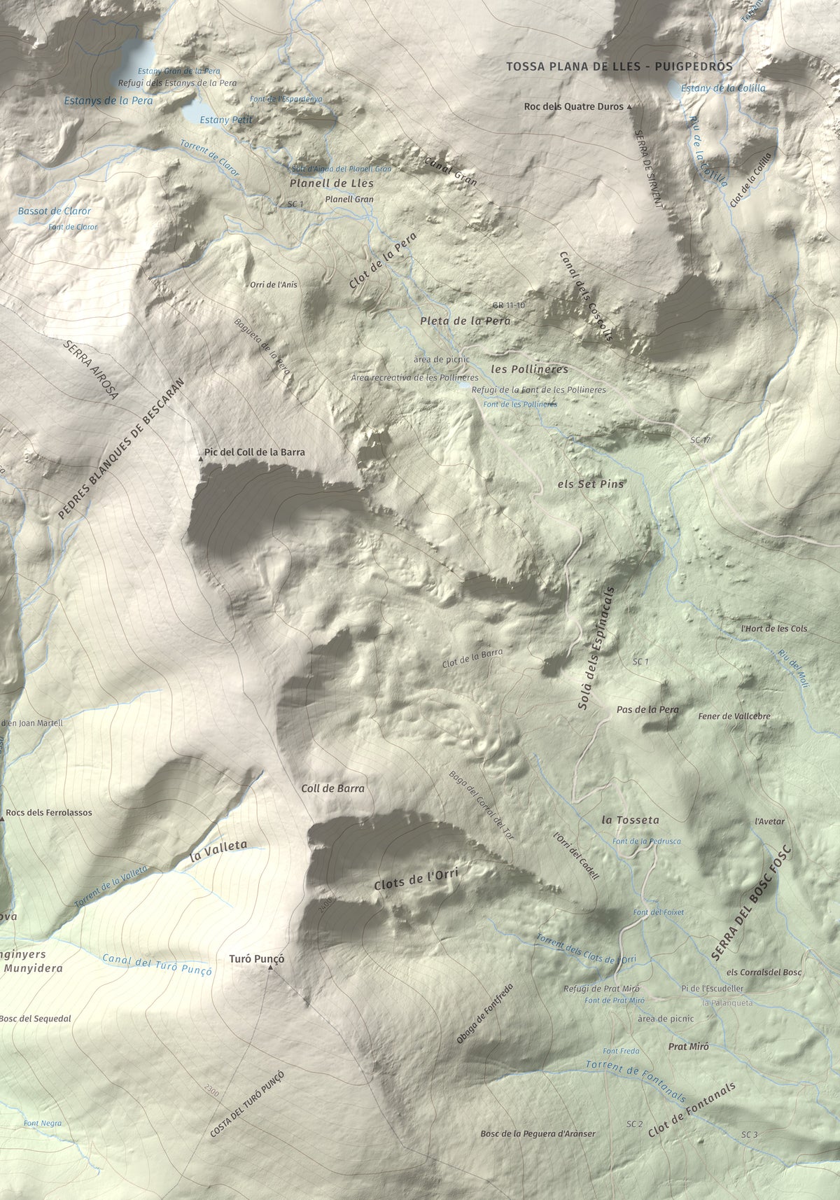 Mapa de relieve de Tossal de la Truita (Pic de Perafita), 2753 m, Andorra · Cerdanya, lámina 100 Cims de Trobart. Detalle de la zona inferior derecha. 70 × 100 cm.