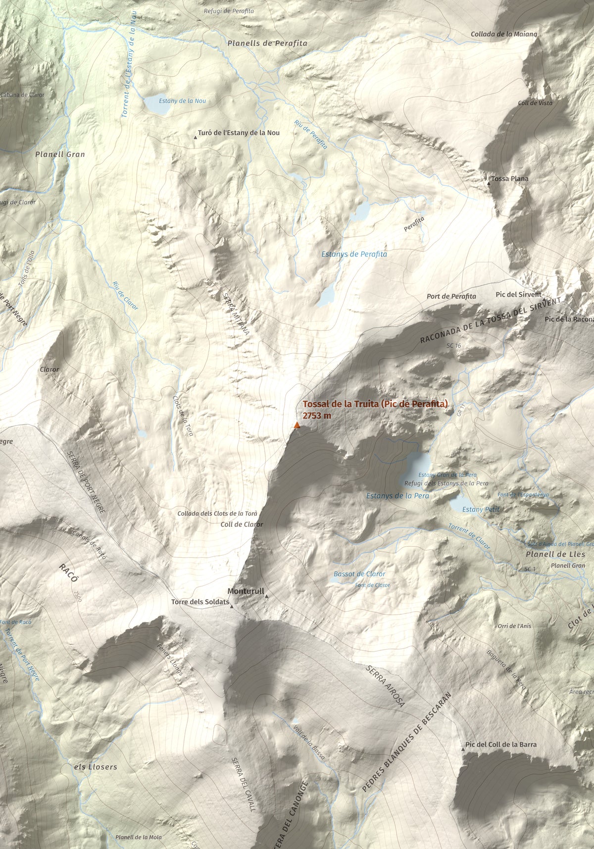Mapa de relieve de Tossal de la Truita (Pic de Perafita), 2753 m, Andorra · Cerdanya, lámina 100 Cims de Trobart. Detalle de la zona central. 70 × 100 cm.