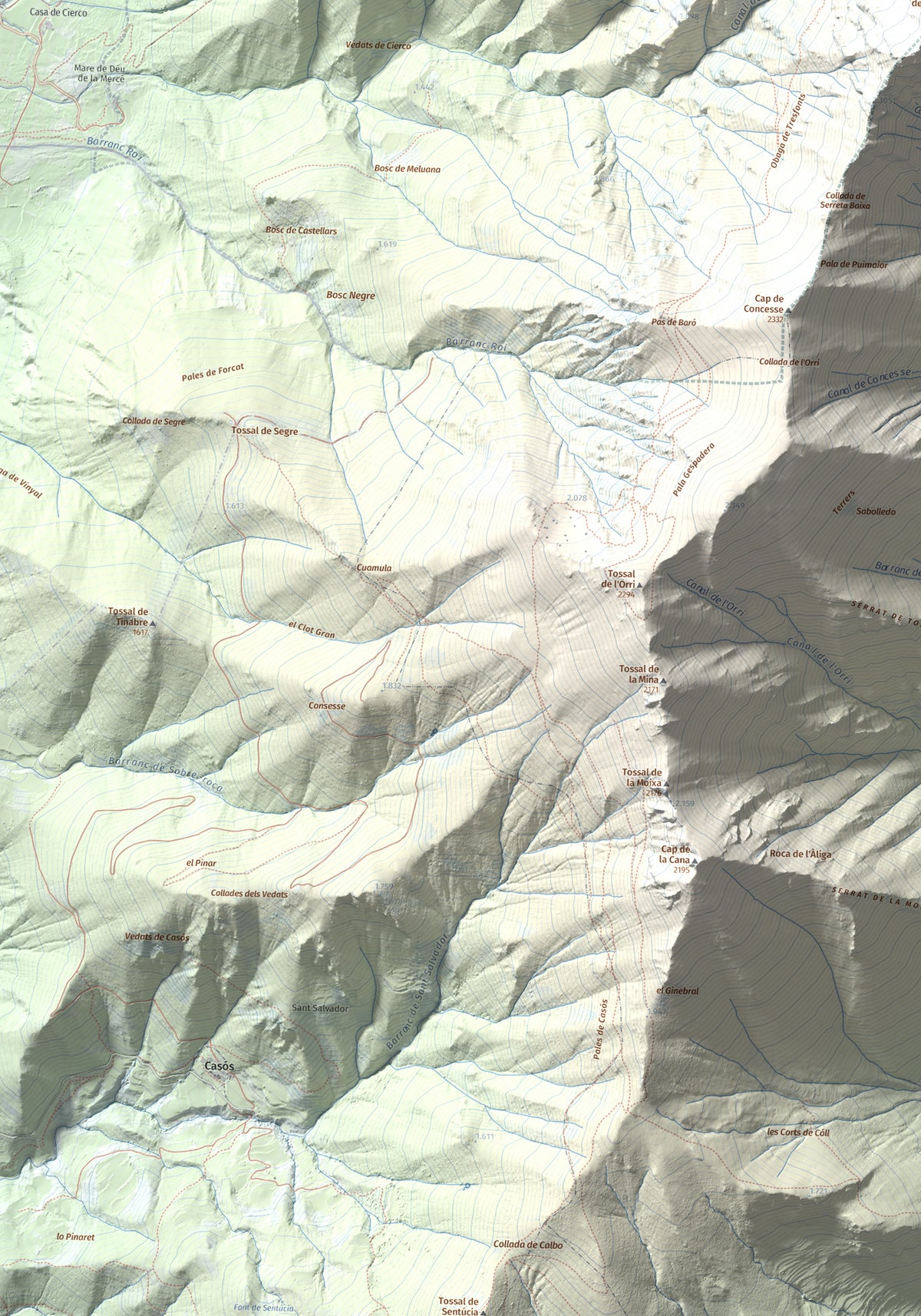 Mapa de relieve de Tossal de les Roies de Cardet, 2445 m, Alta Ribagorça, lámina 100 Cims de Trobart. Detalle de la zona inferior izquierda. 70 × 100 cm.