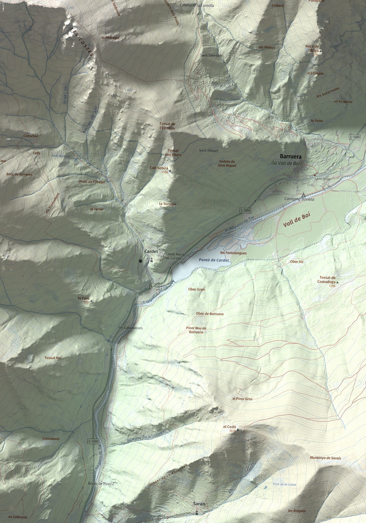 Mapa de relieve de Tossal de les Roies de Cardet, 2445 m, Alta Ribagorça, lámina 100 Cims de Trobart. Detalle de la zona inferior derecha. 70 × 100 cm.