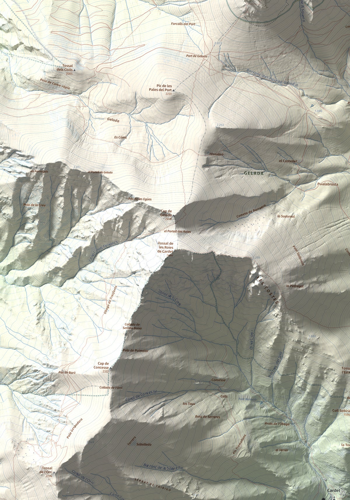 Mapa de relieve de Tossal de les Roies de Cardet, 2445 m, Alta Ribagorça, lámina 100 Cims de Trobart. Detalle de la zona central. 70 × 100 cm.