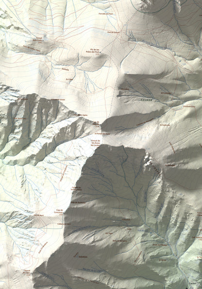 Mapa de relieve de Tossal de les Roies de Cardet, 2445 m, Alta Ribagorça, lámina 100 Cims de Trobart. Detalle de la zona central. 70 × 100 cm.