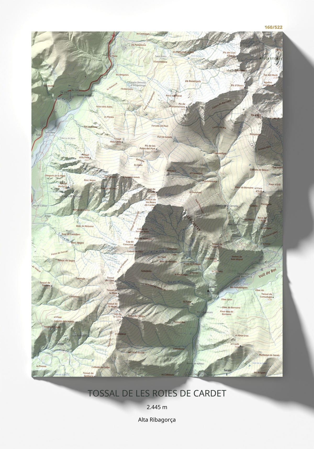 Mapa de relieve de Tossal de les Roies de Cardet, 2445 m, Alta Ribagorça, lámina 100 Cims de Trobart 30 × 40 cm.