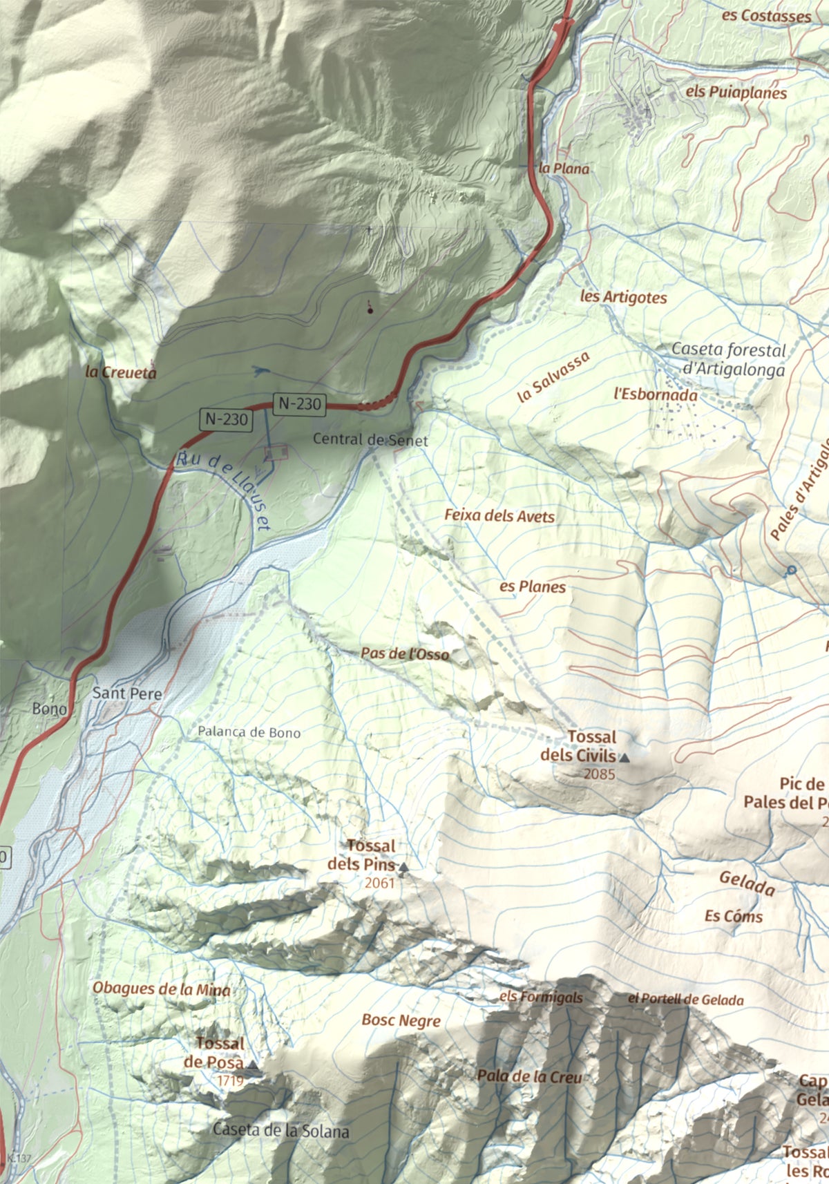 Mapa de relieve de Tossal de les Roies de Cardet, 2445 m, Alta Ribagorça, lámina 100 Cims de Trobart. Detalle de la zona superior izquierda. 30 × 40 cm.