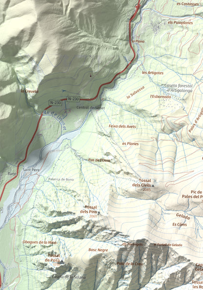 Mapa de relieve de Tossal de les Roies de Cardet, 2445 m, Alta Ribagorça, lámina 100 Cims de Trobart. Detalle de la zona superior izquierda. 30 × 40 cm.