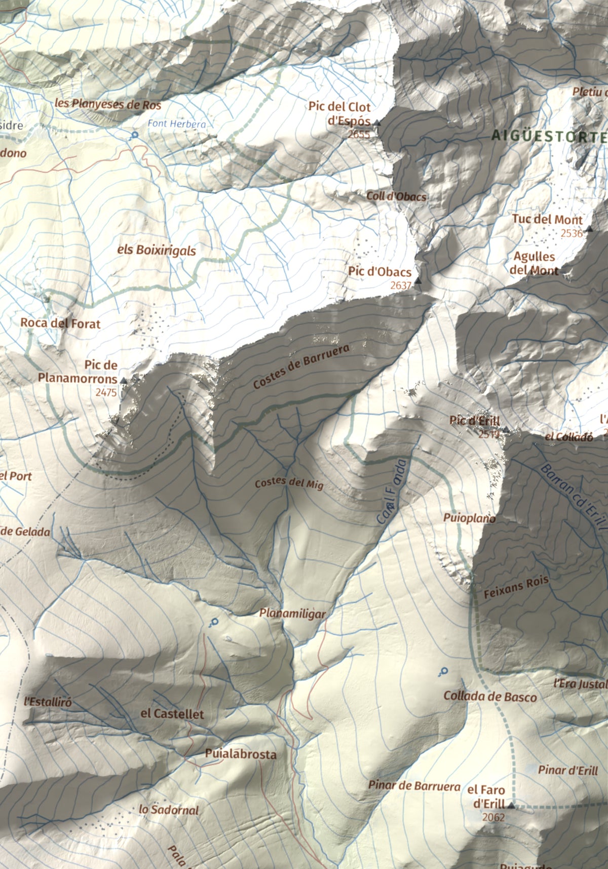 Mapa de relieve de Tossal de les Roies de Cardet, 2445 m, Alta Ribagorça, lámina 100 Cims de Trobart. Detalle de la zona superior derecha. 30 × 40 cm.