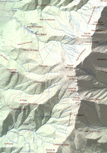 Mapa de relieve de Tossal de les Roies de Cardet, 2445 m, Alta Ribagorça, lámina 100 Cims de Trobart. Detalle de la zona inferior izquierda. 30 × 40 cm.