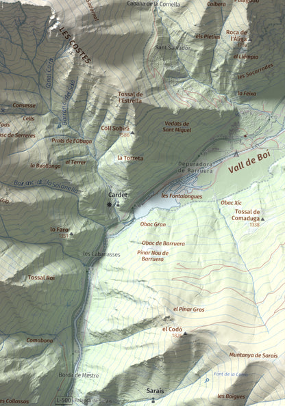 Mapa de relieve de Tossal de les Roies de Cardet, 2445 m, Alta Ribagorça, lámina 100 Cims de Trobart. Detalle de la zona inferior derecha. 30 × 40 cm.