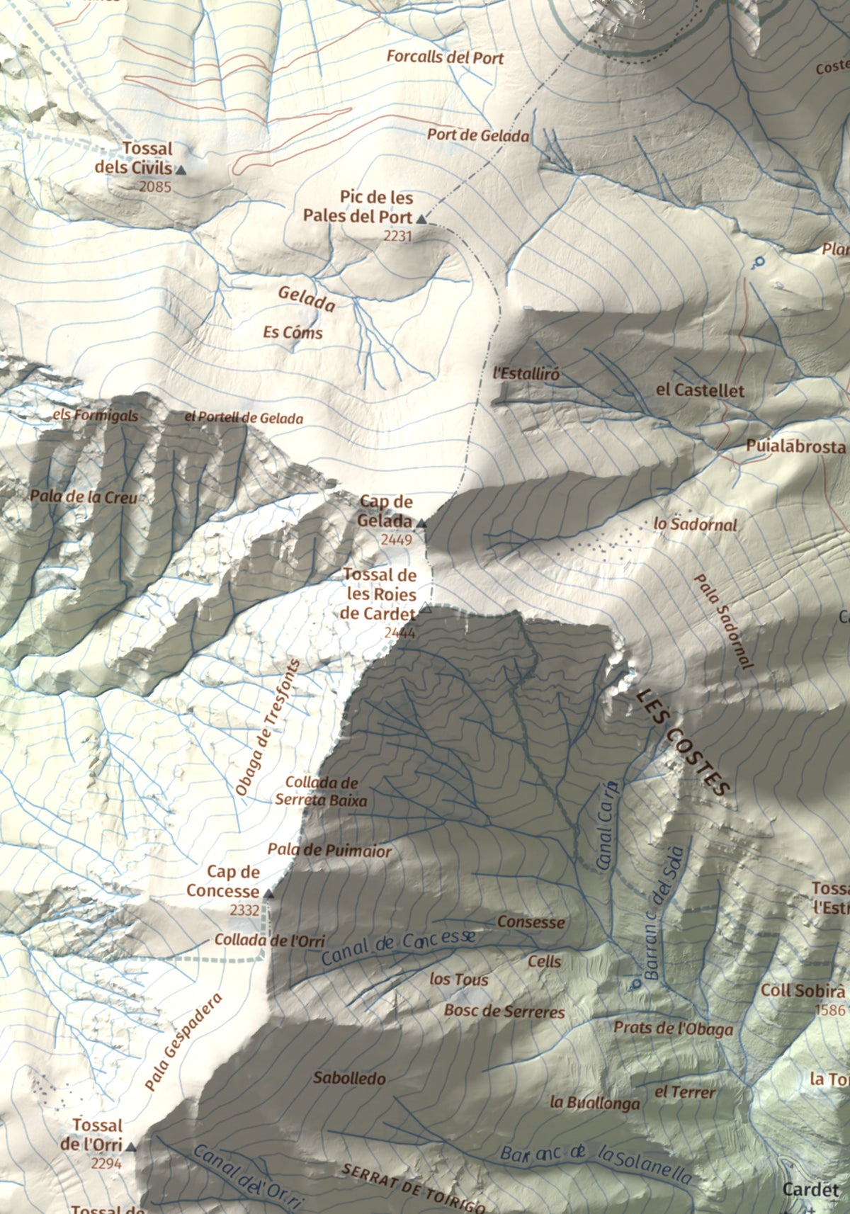 Mapa de relieve de Tossal de les Roies de Cardet, 2445 m, Alta Ribagorça, lámina 100 Cims de Trobart. Detalle de la zona central. 30 × 40 cm.
