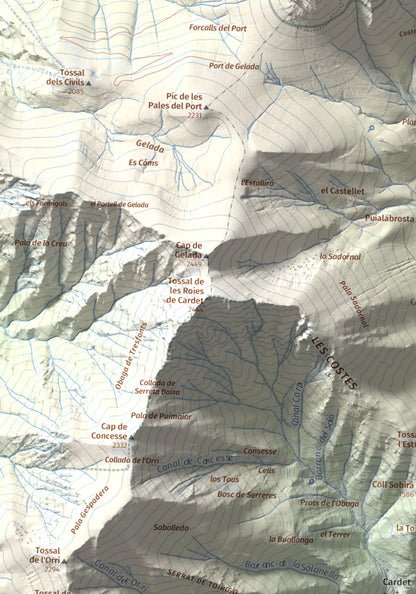 Mapa de relieve de Tossal de les Roies de Cardet, 2445 m, Alta Ribagorça, lámina 100 Cims de Trobart. Detalle de la zona central. 30 × 40 cm.