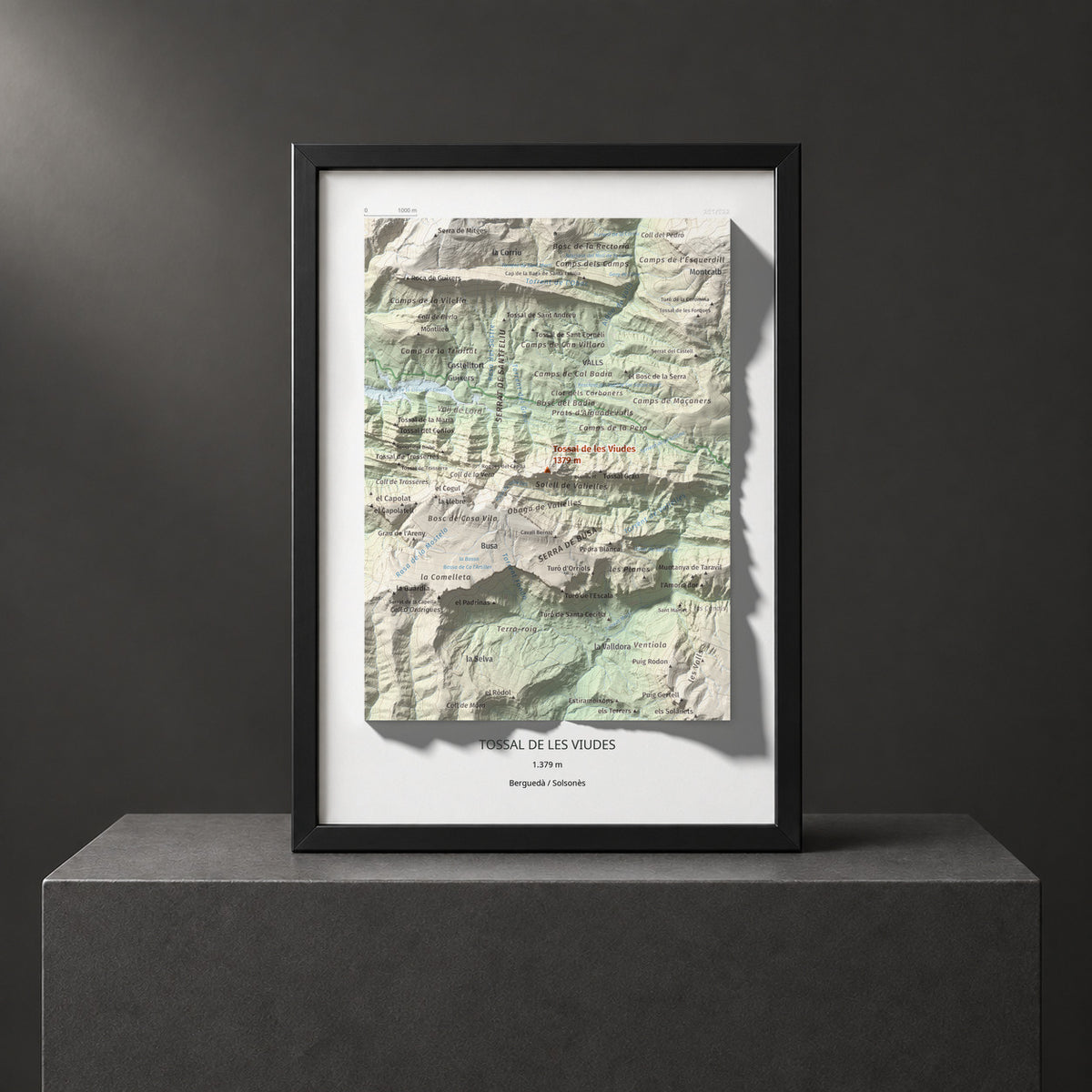 Mapa de relieve de Tossal de les Viudes, 1379 m, Berguedà · Solsonès, lámina 100 Cims de Trobart. Presentación enmarcada. 21 × 30 cm.