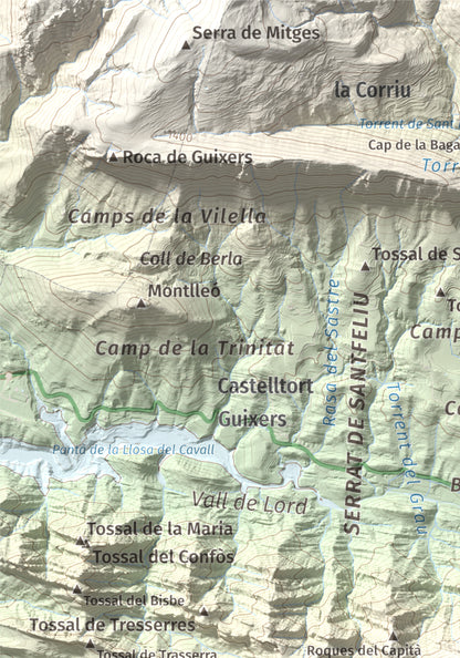 Mapa de relieve de Tossal de les Viudes, 1379 m, Berguedà · Solsonès, lámina 100 Cims de Trobart. Detalle de la zona superior izquierda. 21 × 30 cm.