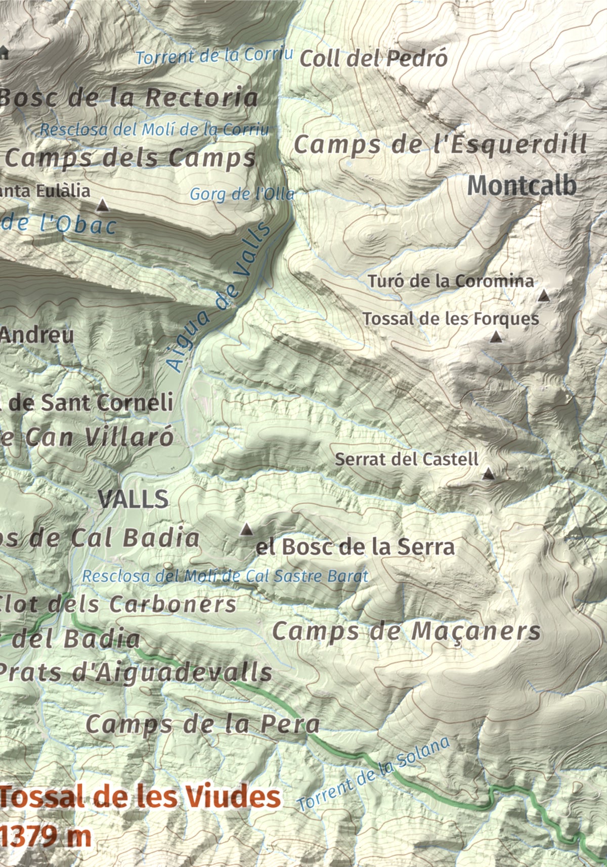 Mapa de relieve de Tossal de les Viudes, 1379 m, Berguedà · Solsonès, lámina 100 Cims de Trobart. Detalle de la zona superior derecha. 21 × 30 cm.