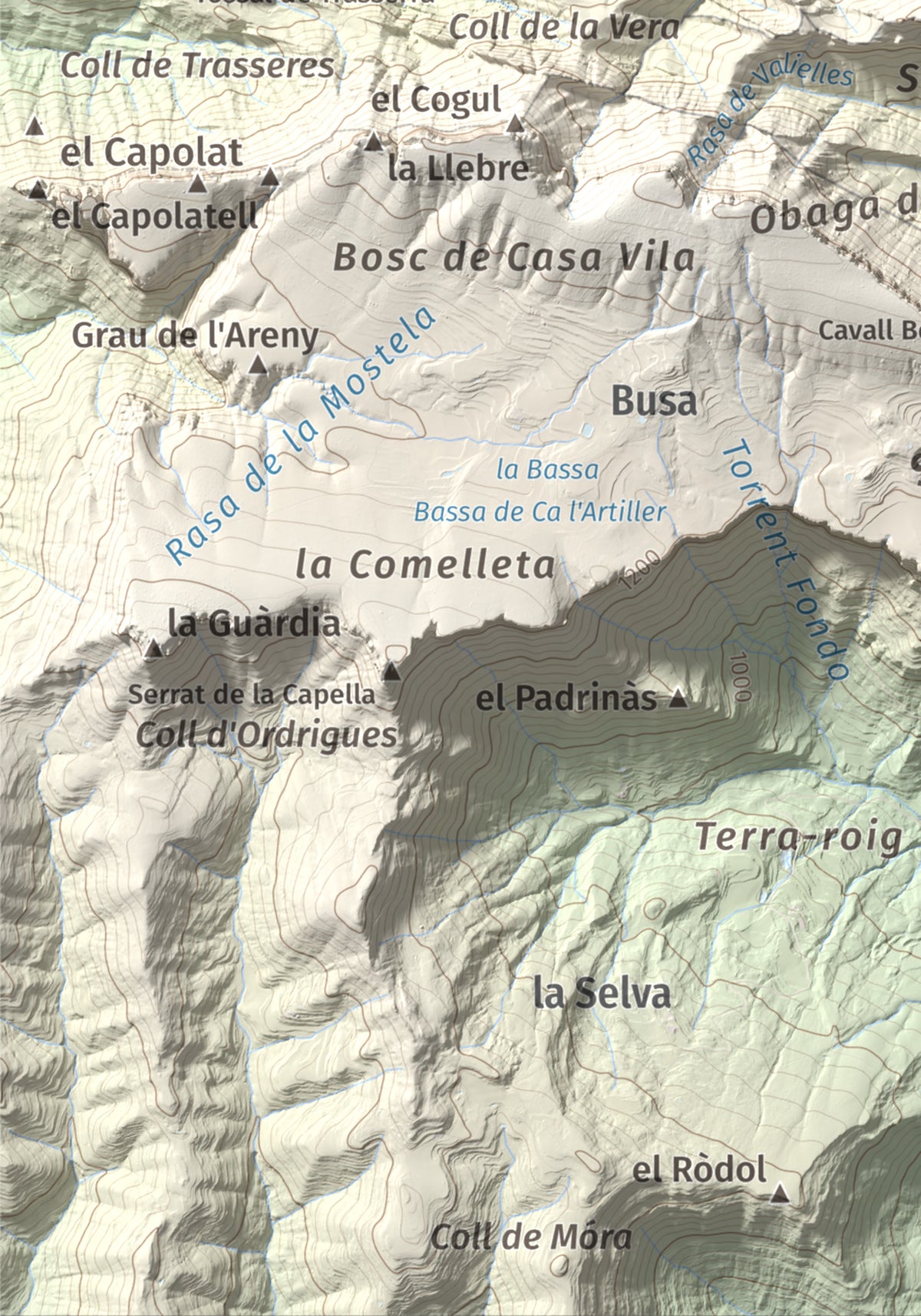 Mapa de relieve de Tossal de les Viudes, 1379 m, Berguedà · Solsonès, lámina 100 Cims de Trobart. Detalle de la zona inferior izquierda. 21 × 30 cm.