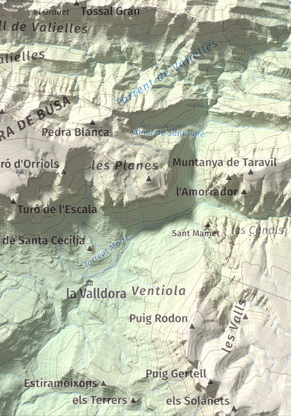 Mapa de relieve de Tossal de les Viudes, 1379 m, Berguedà · Solsonès, lámina 100 Cims de Trobart. Detalle de la zona inferior derecha. 21 × 30 cm.