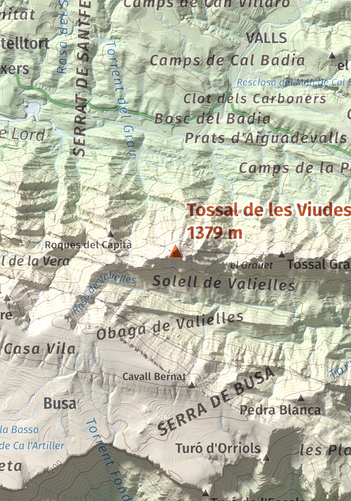 Mapa de relieve de Tossal de les Viudes, 1379 m, Berguedà · Solsonès, lámina 100 Cims de Trobart. Detalle de la zona central. 21 × 30 cm.